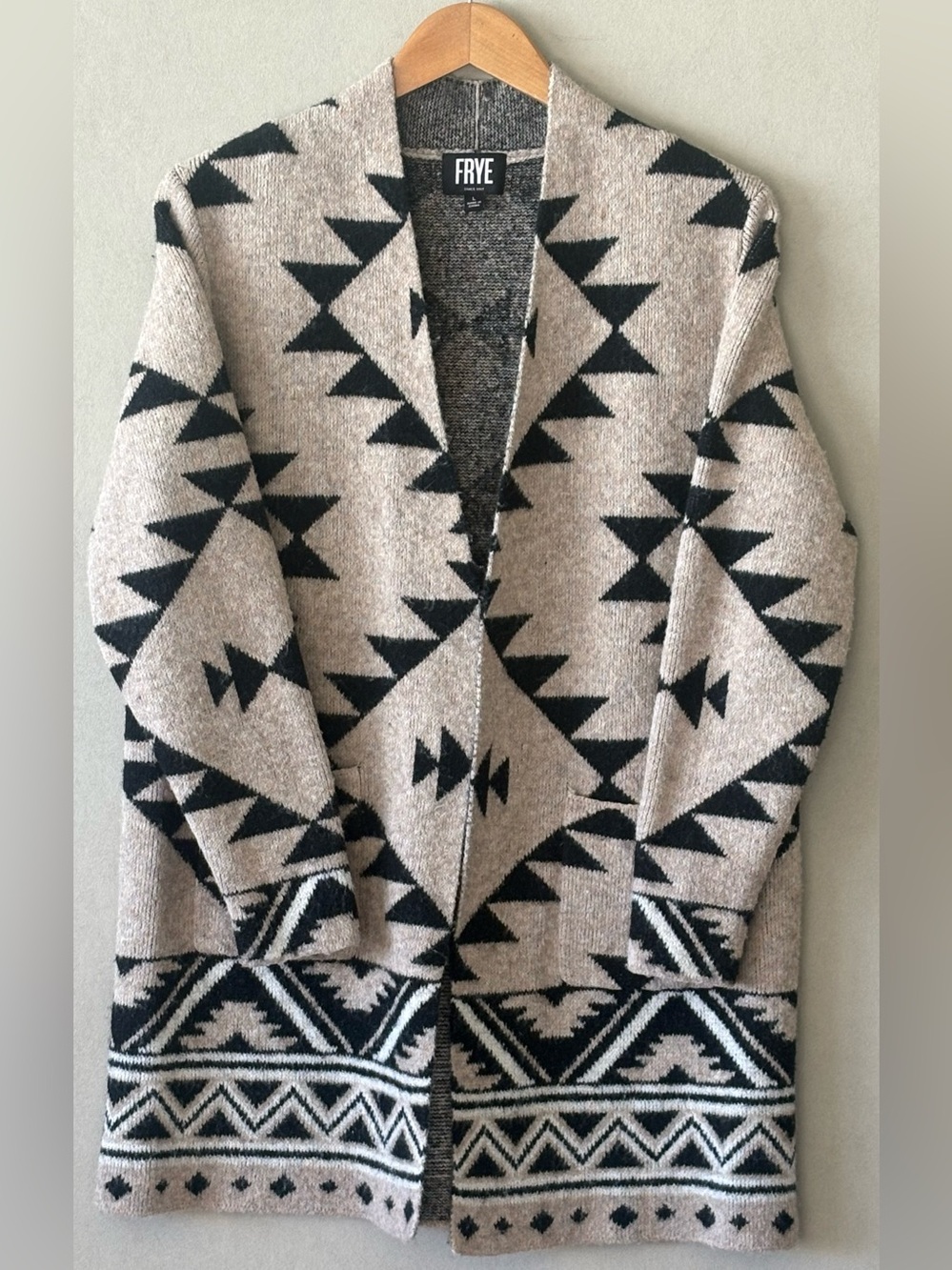 Frye Beige and Black Geometric Open-Front Cardigan